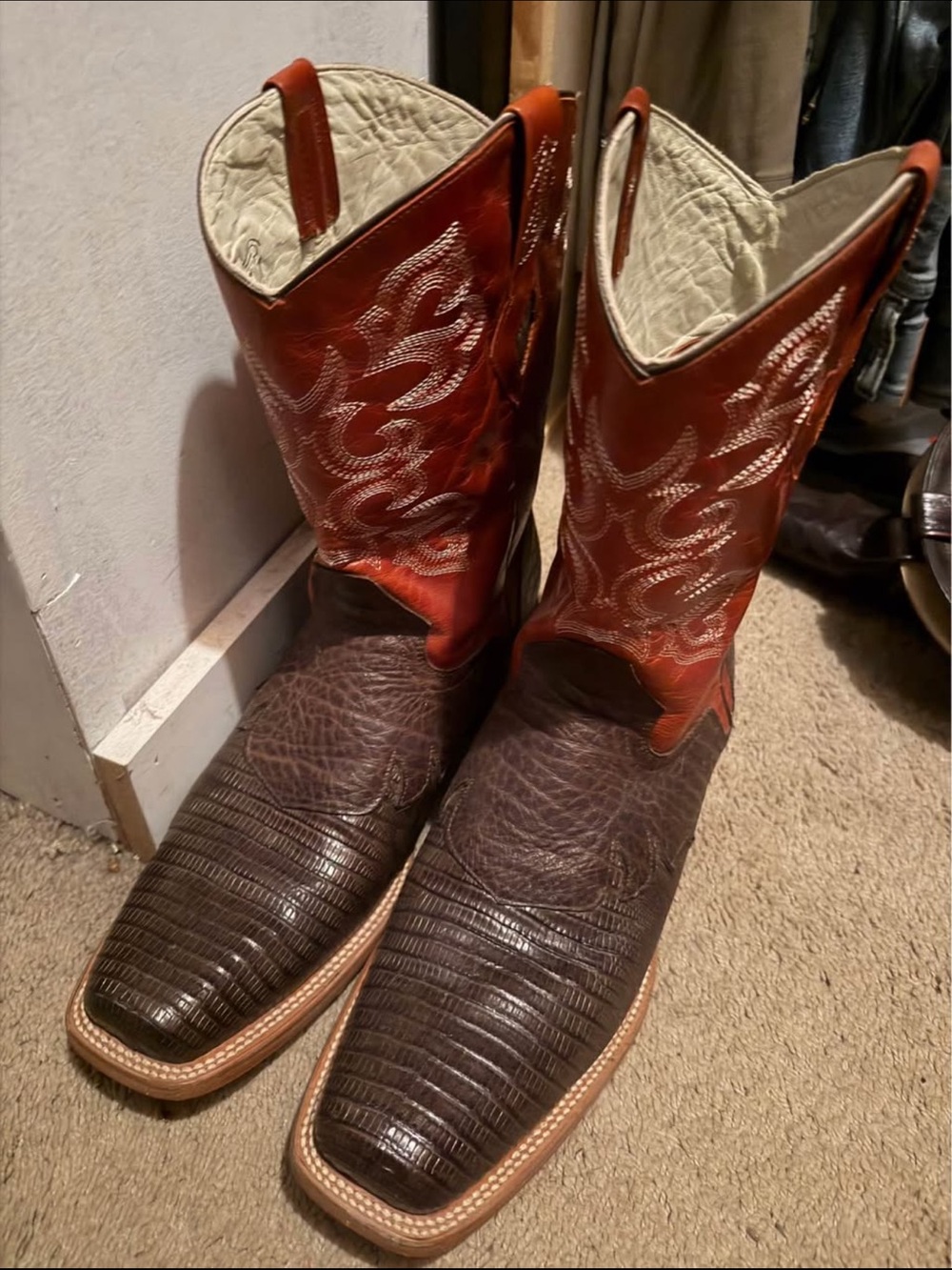 J.B. Dillon Brown Lizard-Textured Foot with Orange Shaft Cowboy Boots